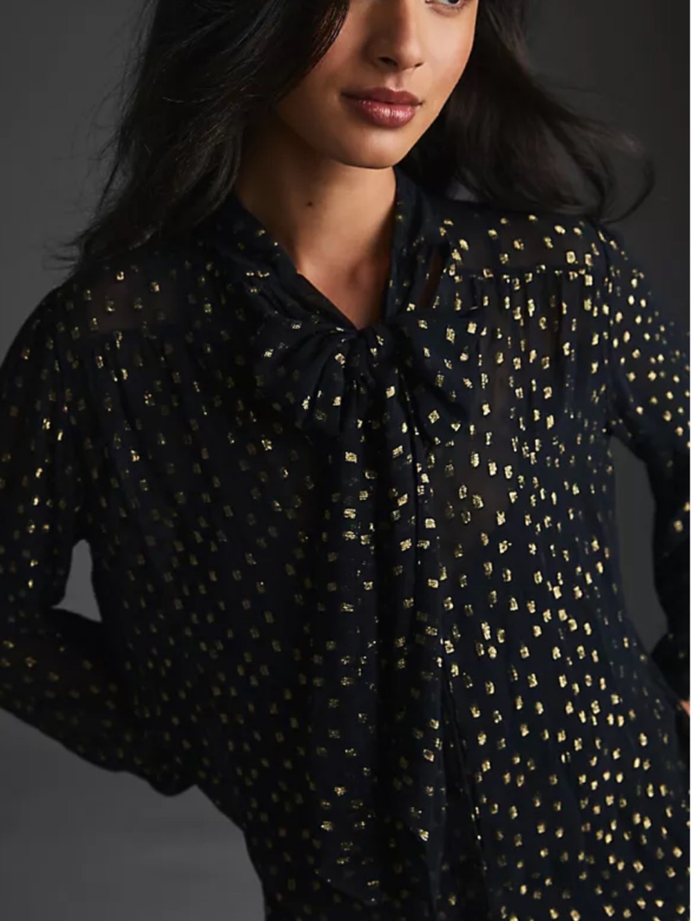 Anthropologie Black Sheer Tie-Neck Blouse with Gold Dots